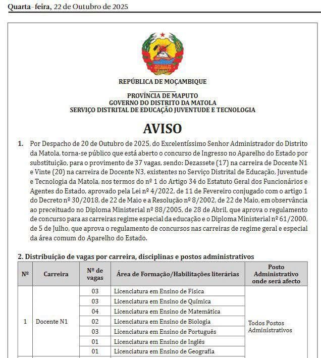 37 VAGAS para Docentes – Matola – Dezassete (17) na carreira de Docente N1; e – Vinte (20) na carreira de Docente N3
