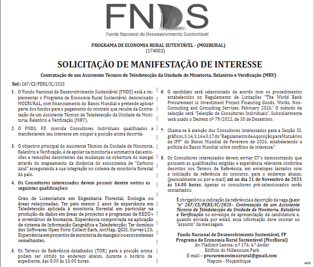 Contratação de um Assistente Técnico de Teledetecção da Unidade de Monitoria, Relatório e Verificação (MRV)