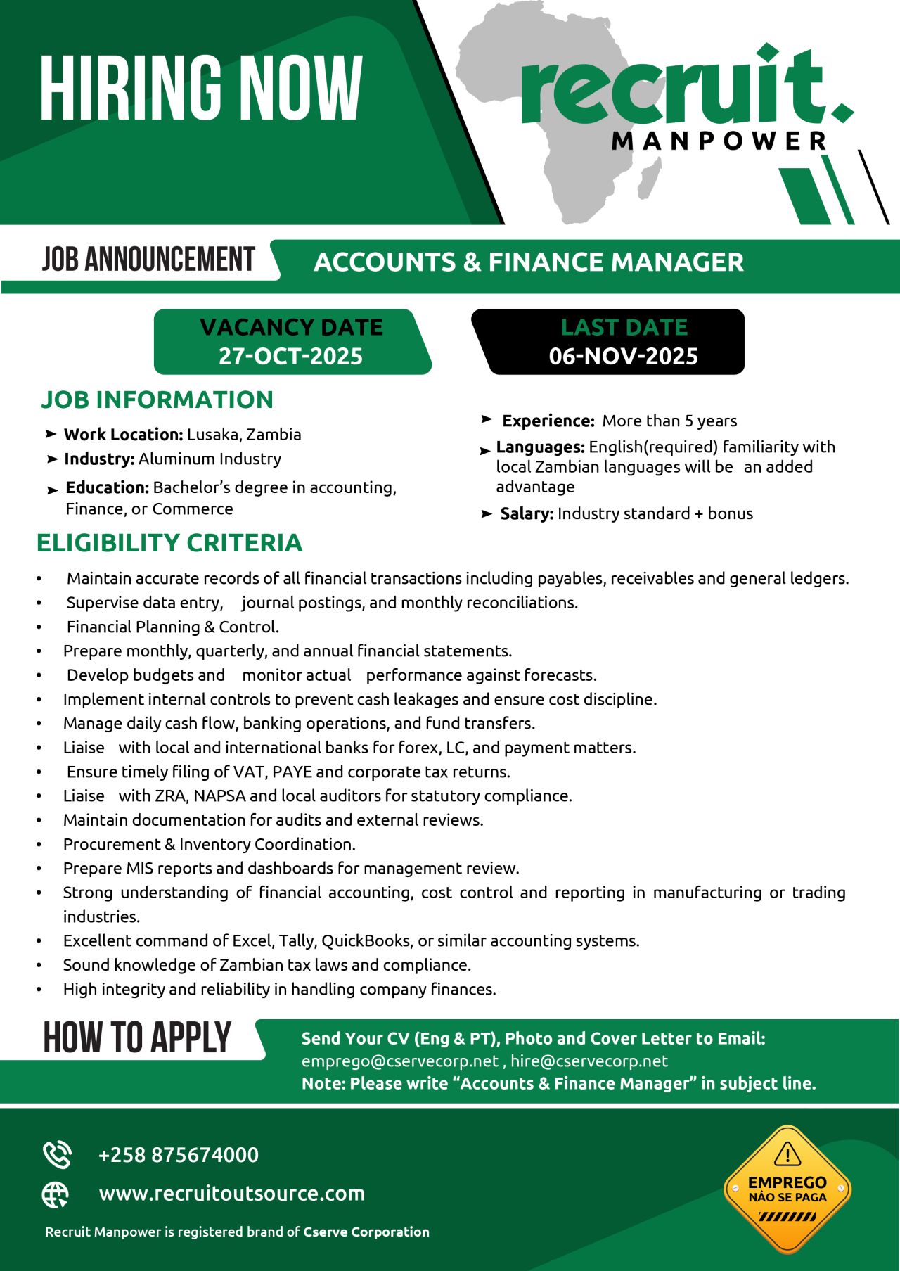 VAGA – ACCOUNTS AND FINANCE MANAGER
