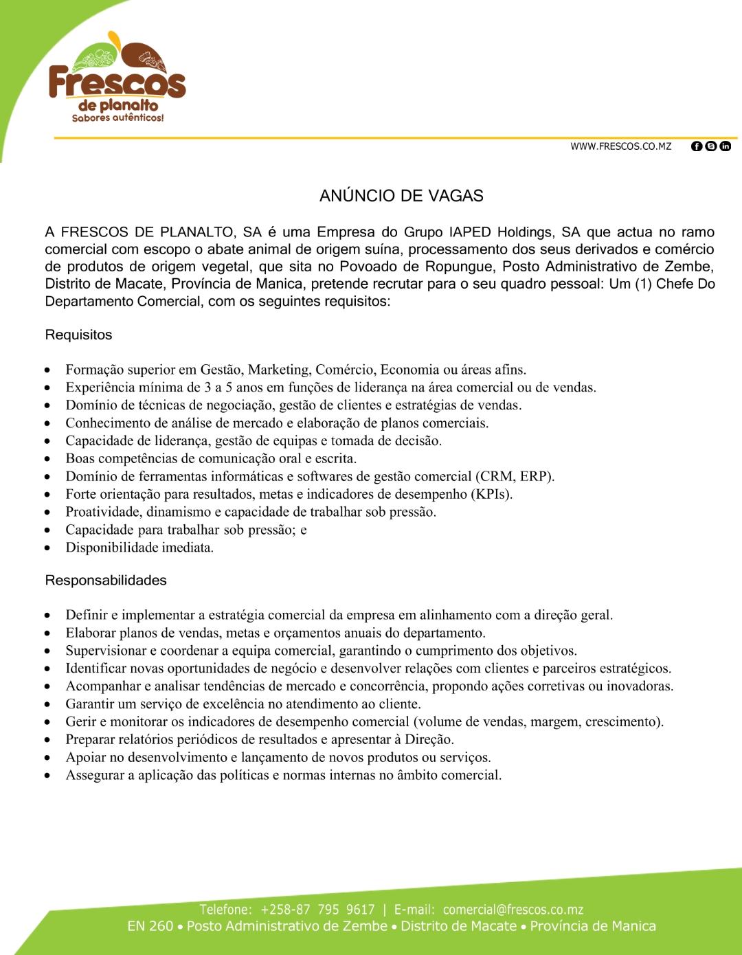 Vaga – Chefe do Departamento Comercial