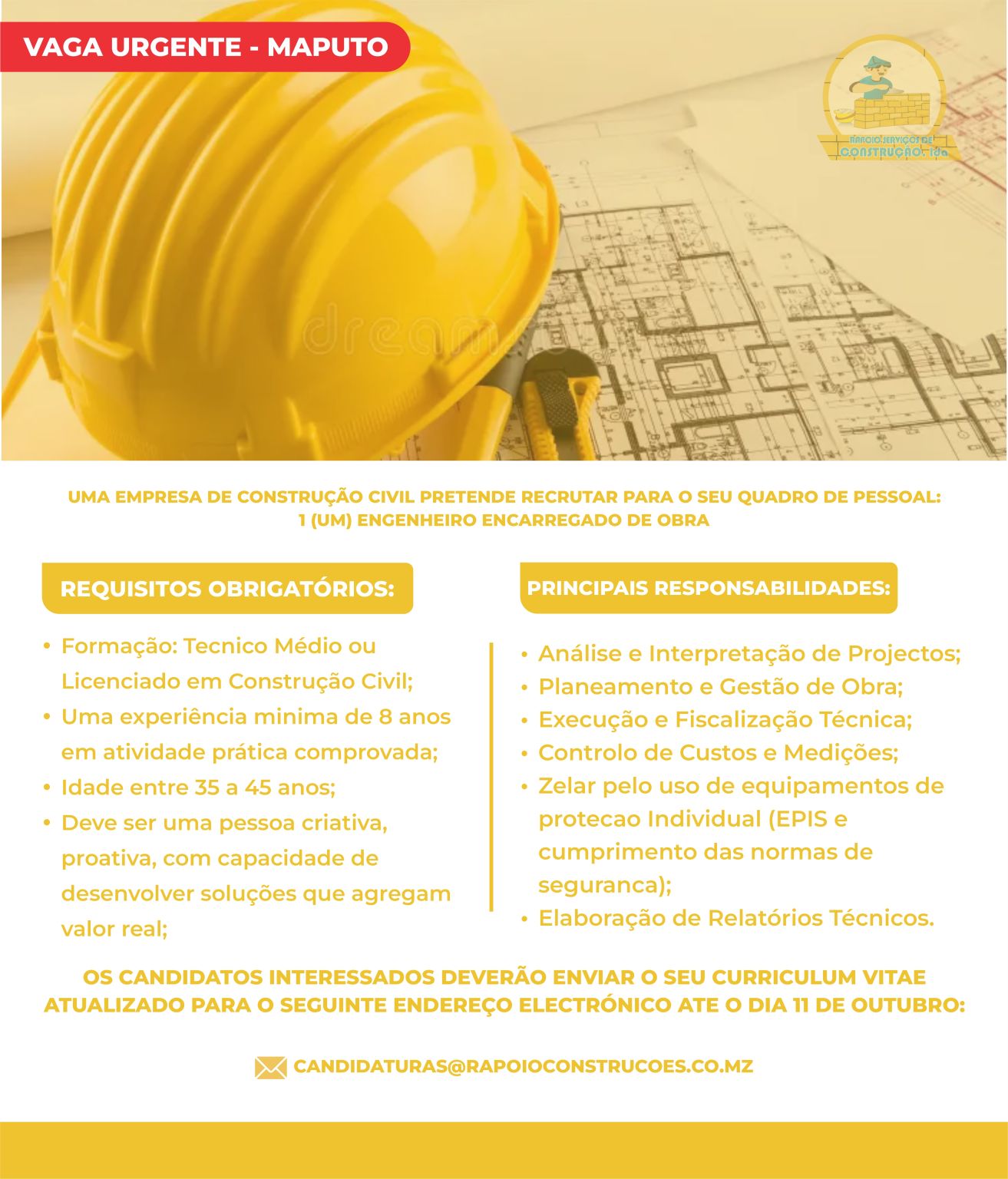 Vaga – Engenheiro Encarregado de Obra