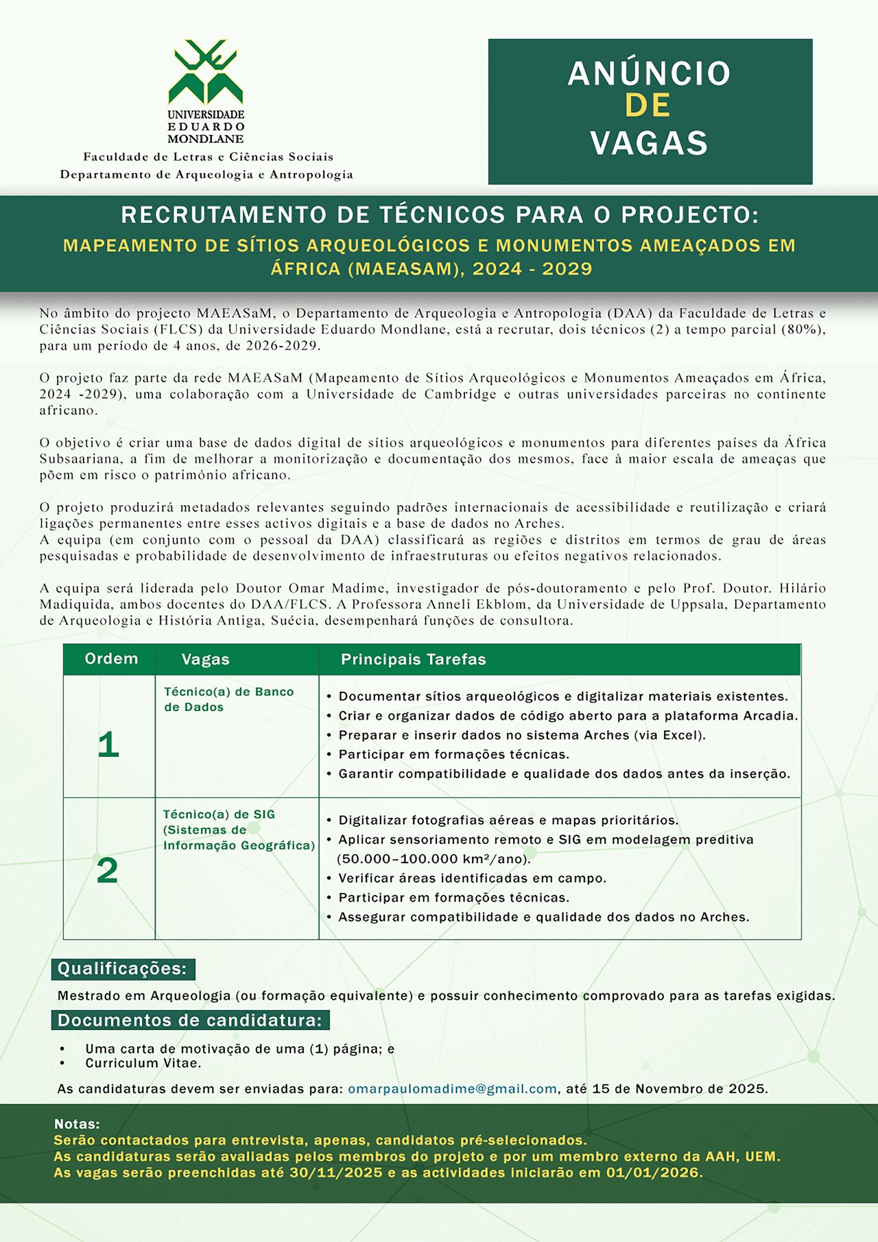 Vagas – (2) Técnicos – Técnico(a) de Banco de Dados e Técnico(a) de SIG (Sistemas de Informação Geográfica)