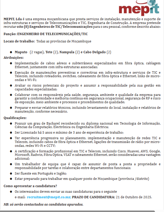Vagas – (8) Engenheiros de TIC/Telecomunicações