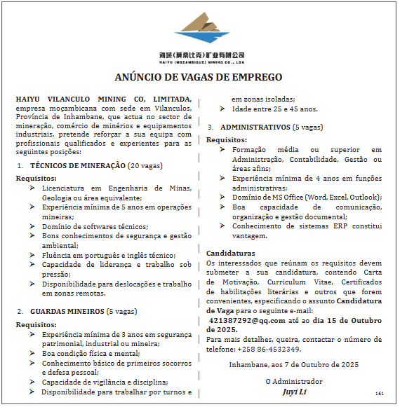 Vagas – Contratação de (20) Técnicos de Mineração; (5) Guardas Mineiros e (5) Administrativos