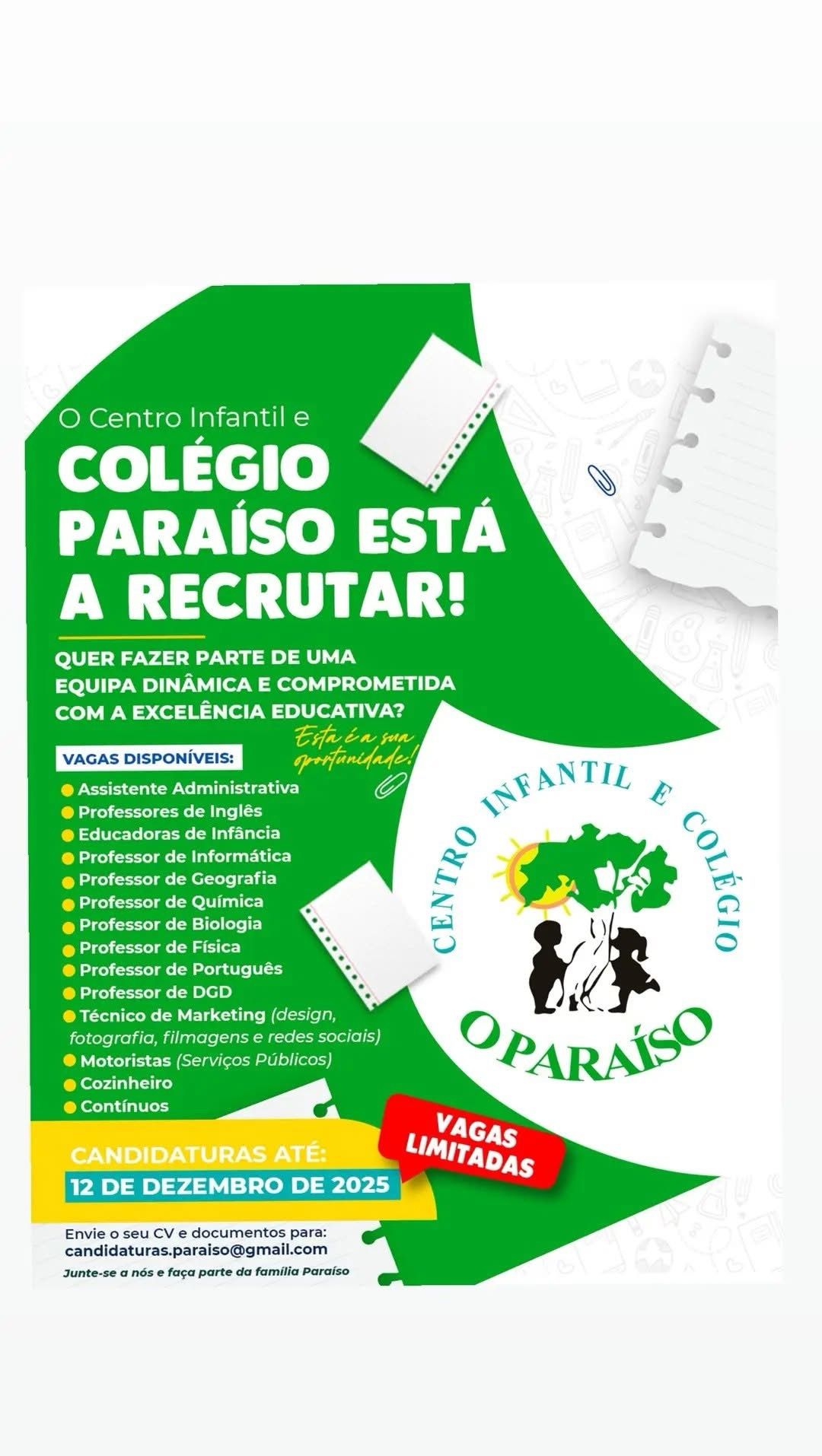 O Colégio Paraíso está a Recrutar para várias posições