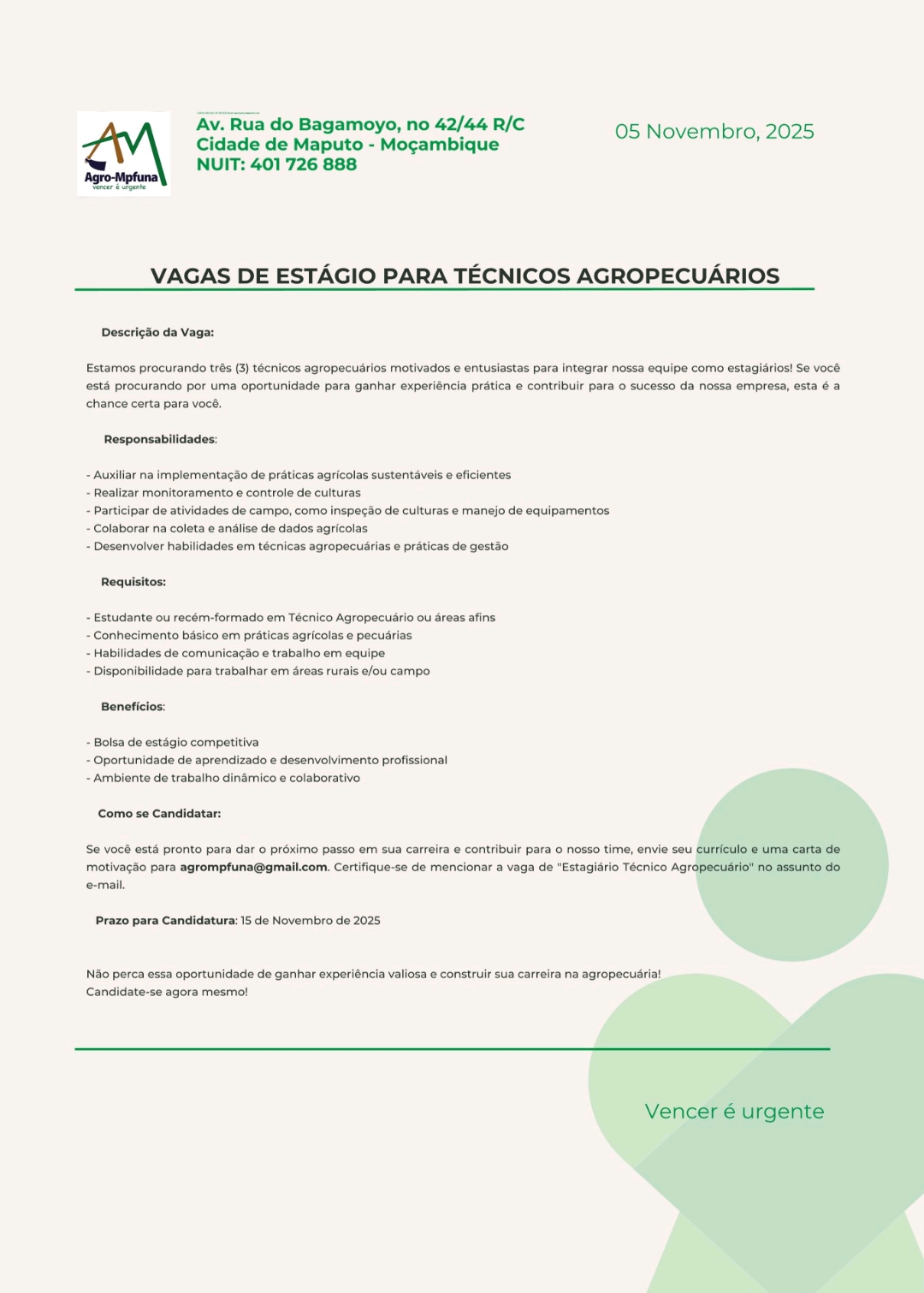 VAGAS DE ESTÁGIO PARA TÉCNICOS AGROPECUÁRIOS