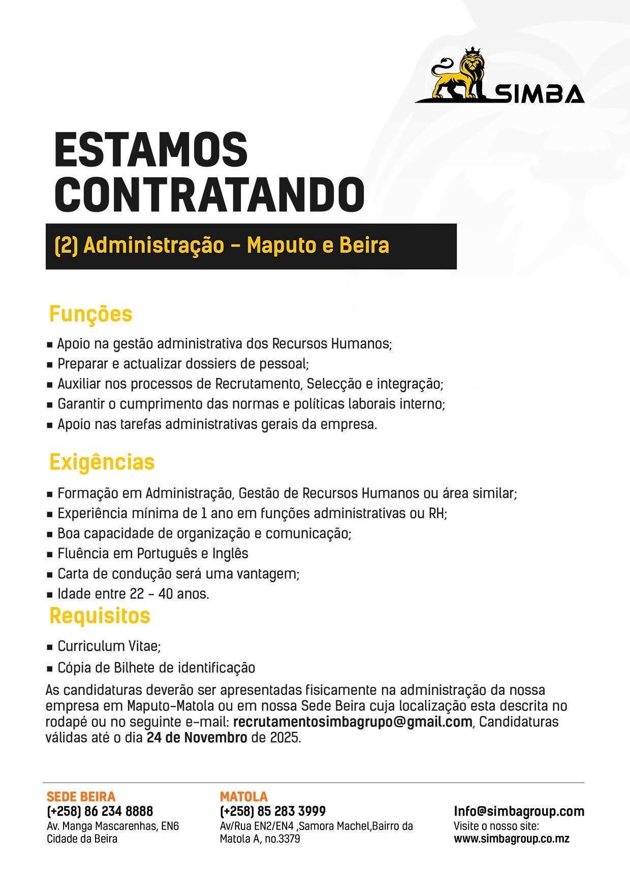 Vaga – (2) Administração – Maputo e Beira