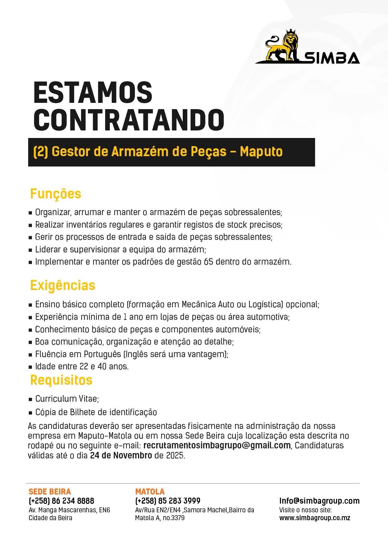 Vaga – (2) Gestor de Armazém de Peças – Maputo