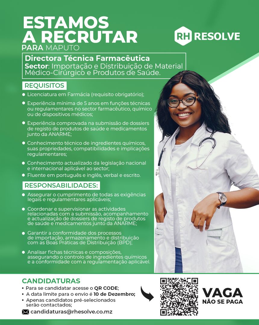 Vaga – Directora Técnica Farmacêutica -Maputo