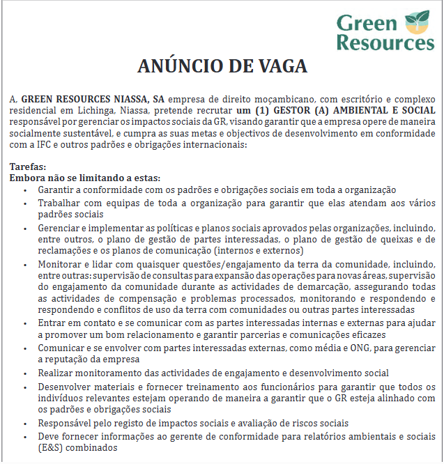 Vaga – Gestor (a) Ambiental e Social
