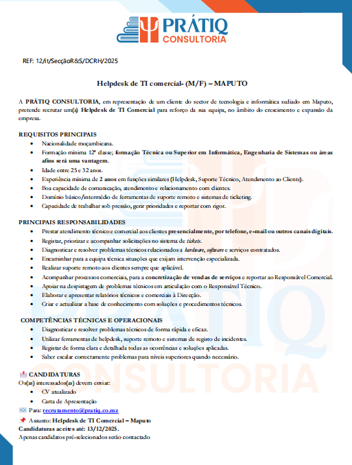 Vaga – Helpdesk de TI Comercial