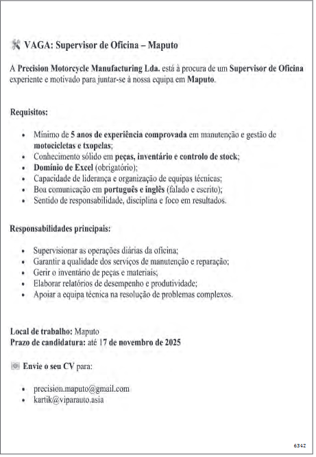 Vaga – Supervisor de Oficina – Maputo
