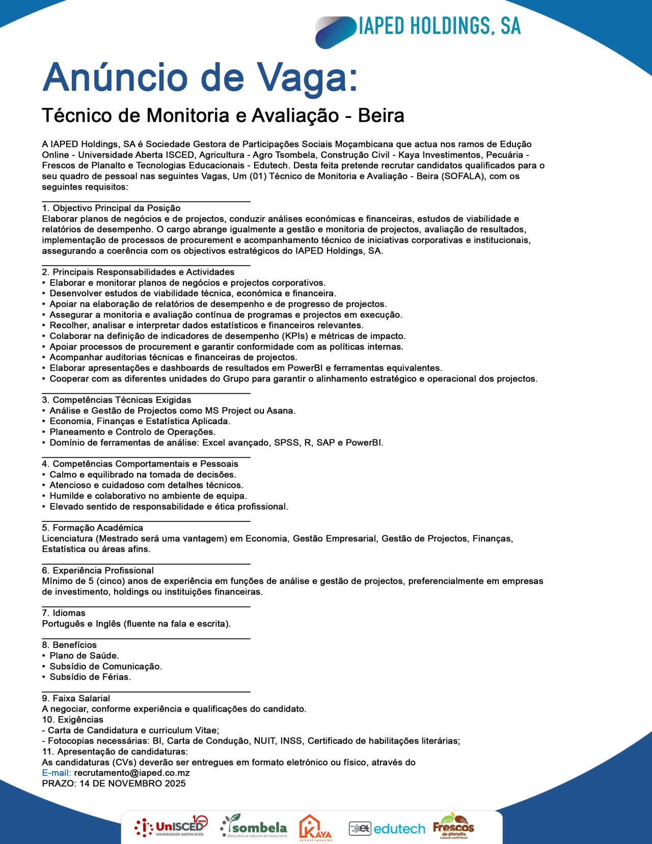 Vaga – Técnico de Monitoria e Avaliação