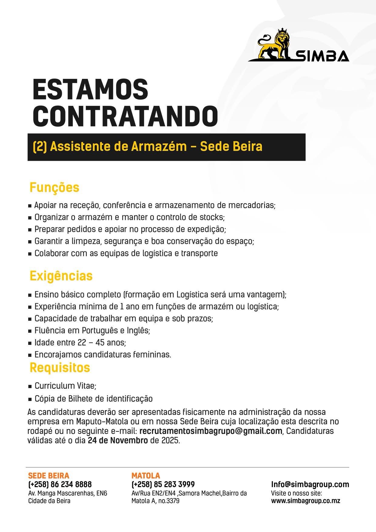 Vagas – (2) Assistente de Armazém – Sede Beira