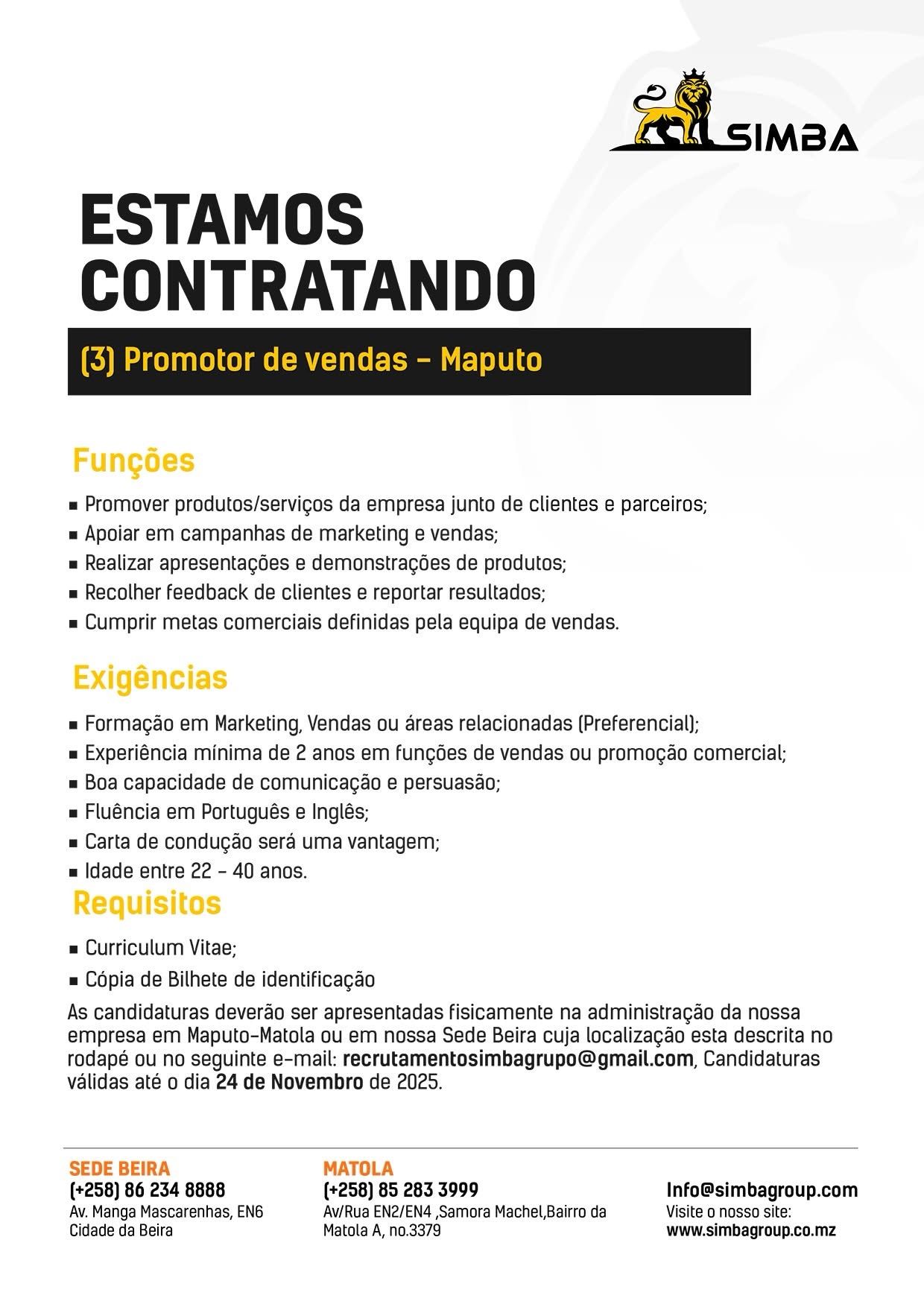 Vagas – (3) Promotor de vendas – Maputo