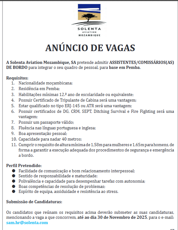 Vagas – Assistentes/Comissários(as) de Bordo