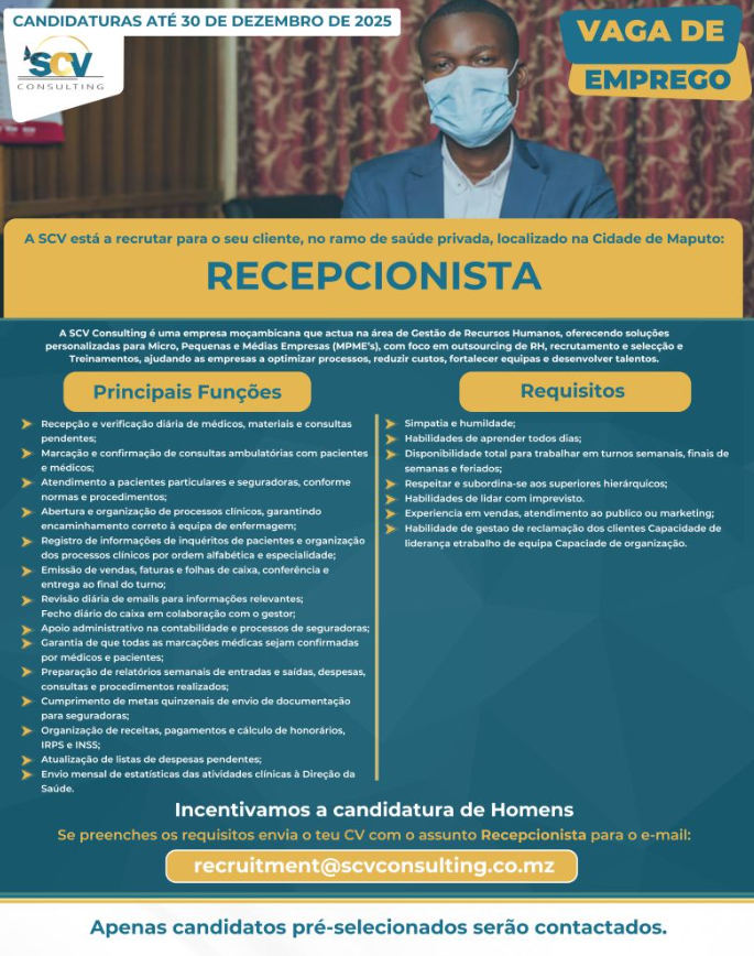 VAGA – RECEPCIONISTA – MAPUTO