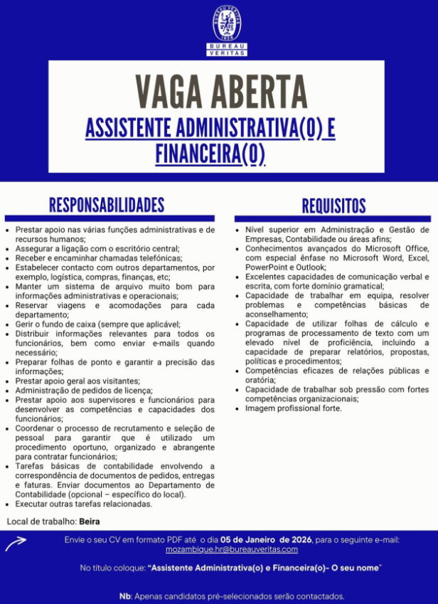 Vaga – Assistente Administrativa(o) e Financeira(o)