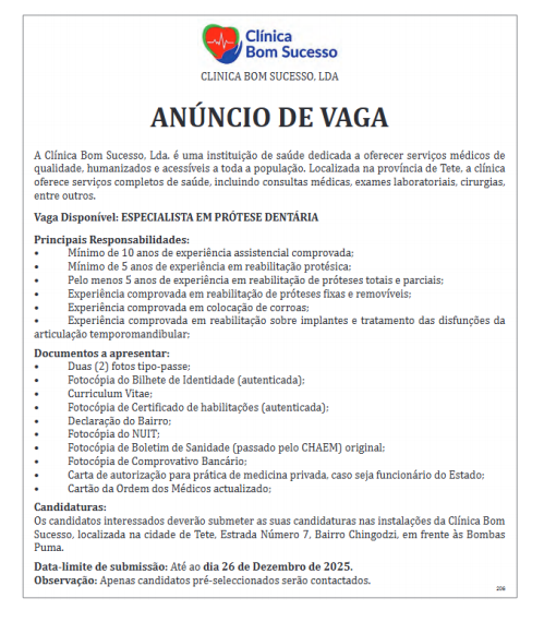 Vaga – Especialista Em Prótese Dentária