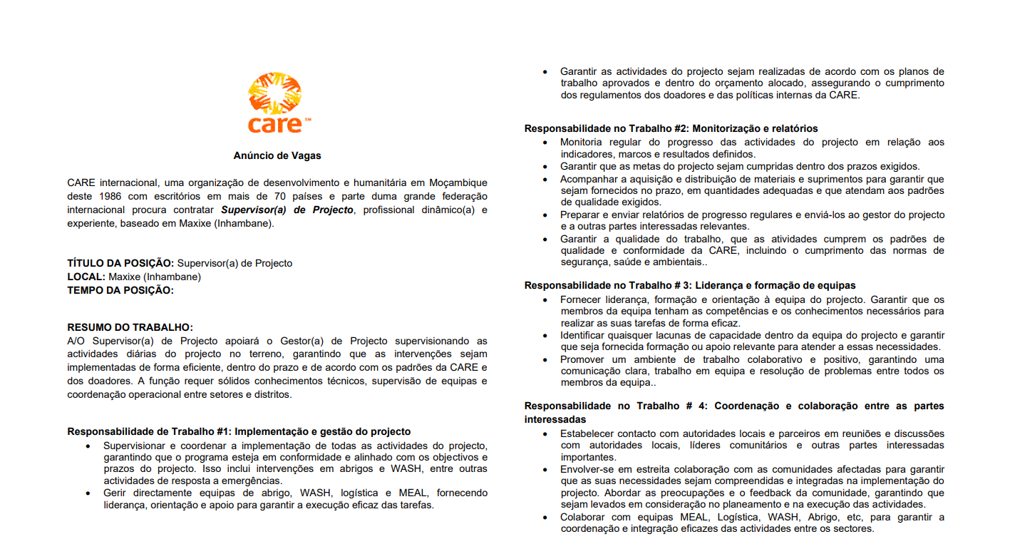 Vaga – Supervisor(a) de Projecto – Maxixe