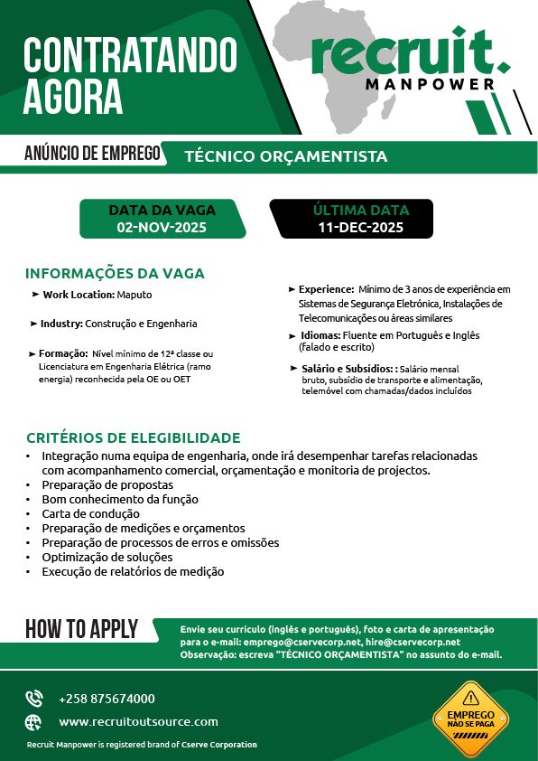 Vaga – TÉCNICO ORÇAMENTISTA
