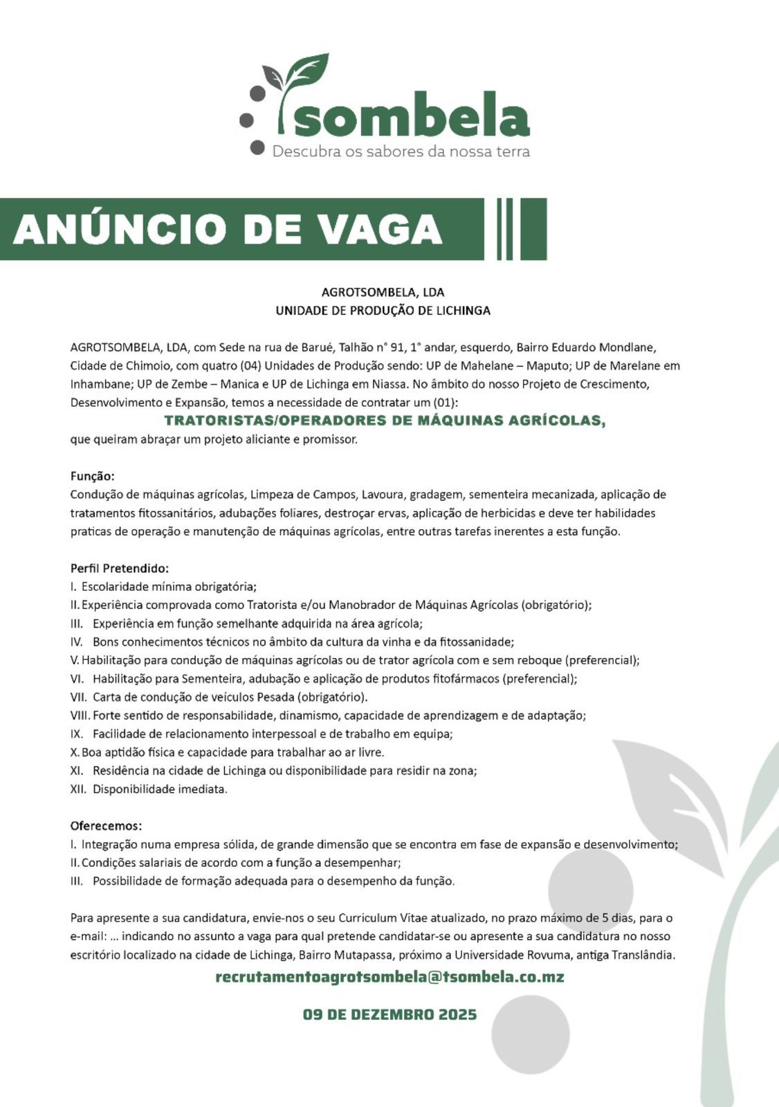 Vaga – TRATORISTAS/OPERADORES DE MÁQUINAS AGRÍCOLAS