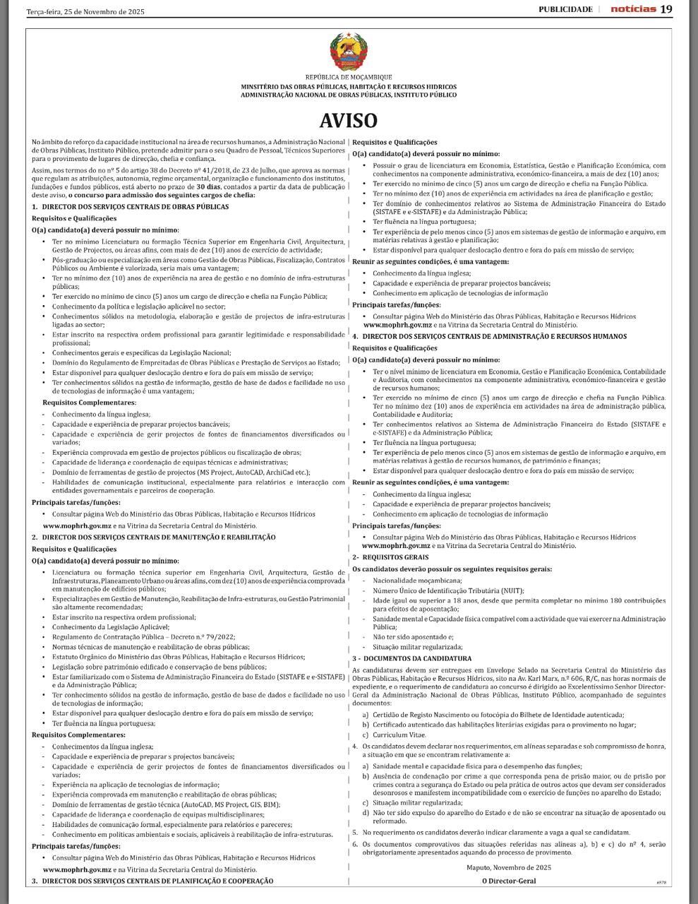 Vagas – (04) Técnicos Superiores e Direcção