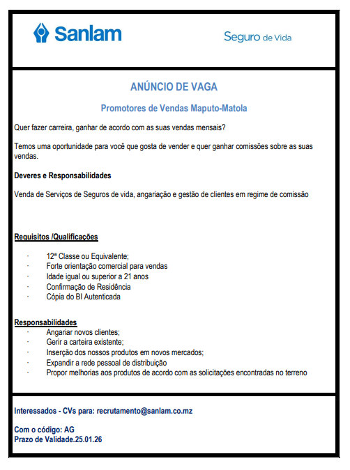 Vagas – Promotores de Vendas Maputo-Matola