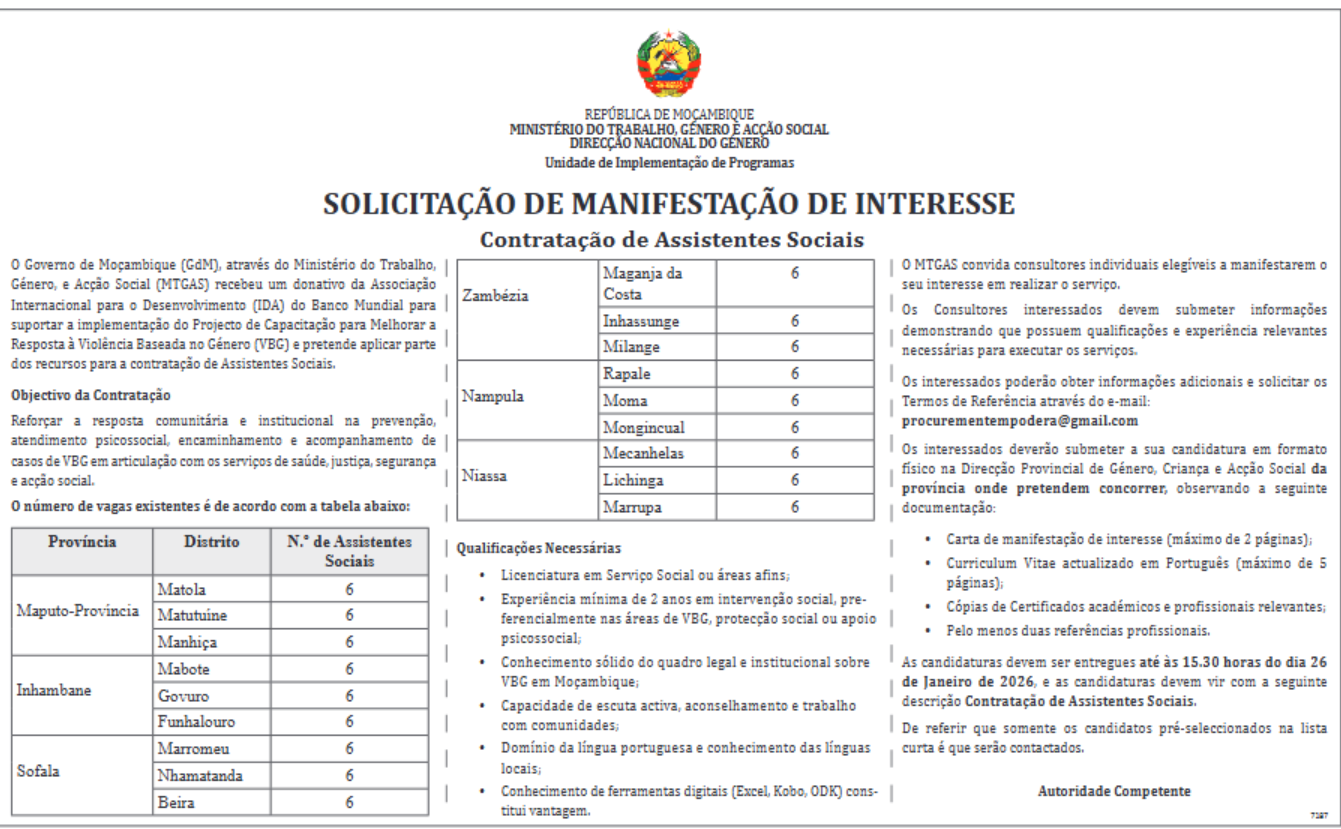 Vagas – (108) Assistentes Sociais (m/f)
