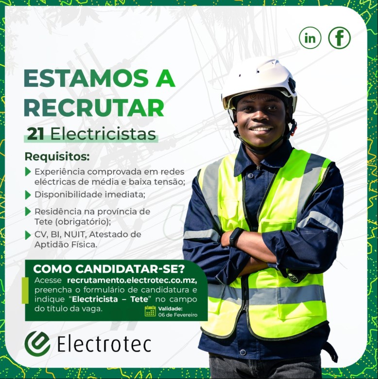 21 vagas para Electricistas na província de Tete