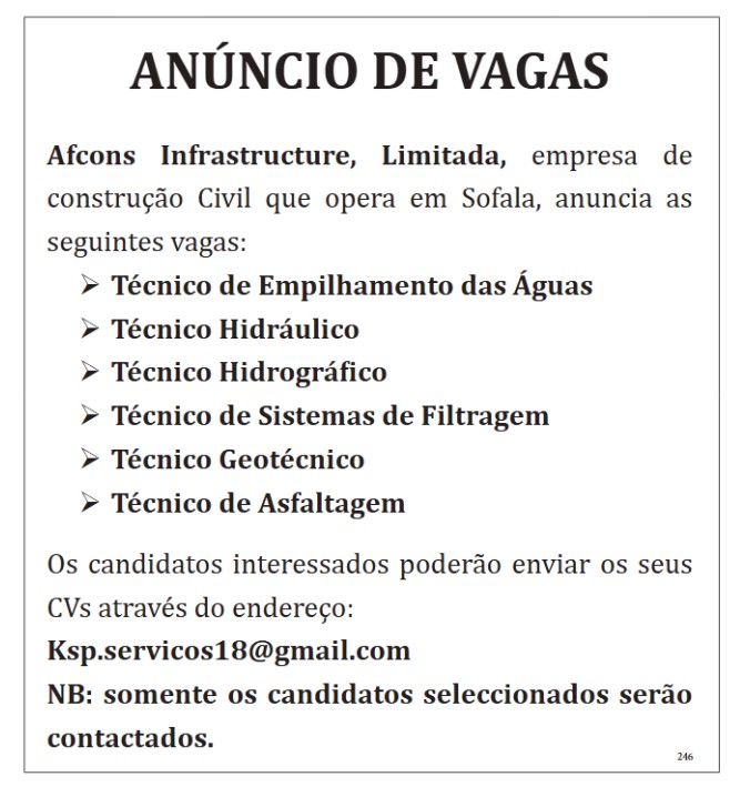 Afcons Infrastructure esta recrutar (6) Técnico de diferentes áreas