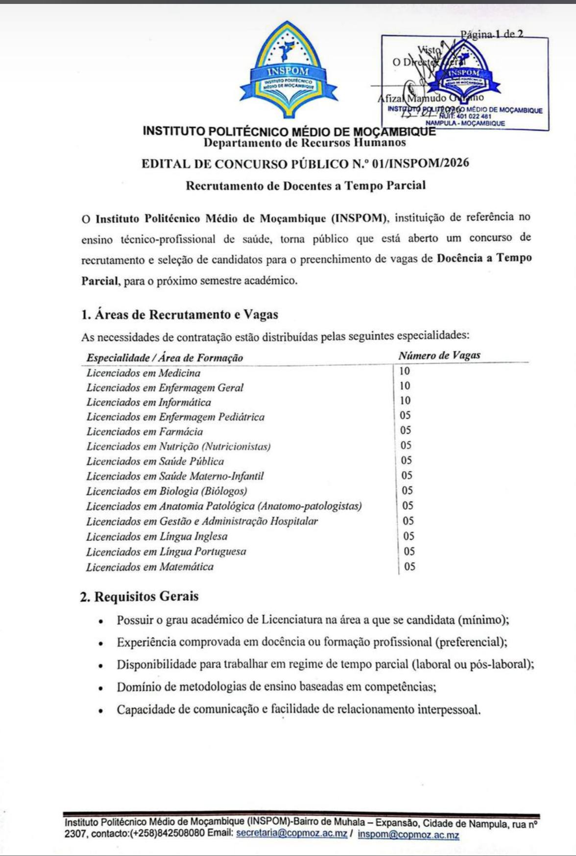 Concurso Público para Recrutamento de 85 Docentes a Tempo Parcial