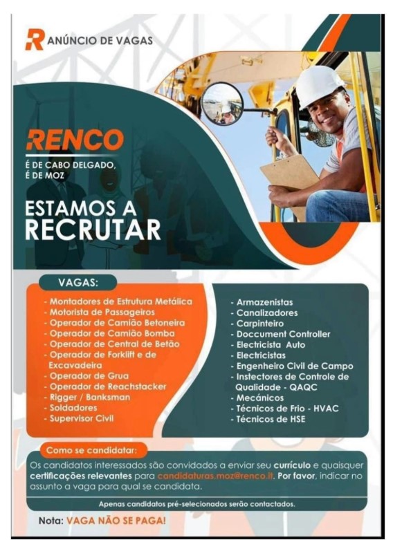 RENCO anuncia 22 vagas de emprego para Cabo Delgado