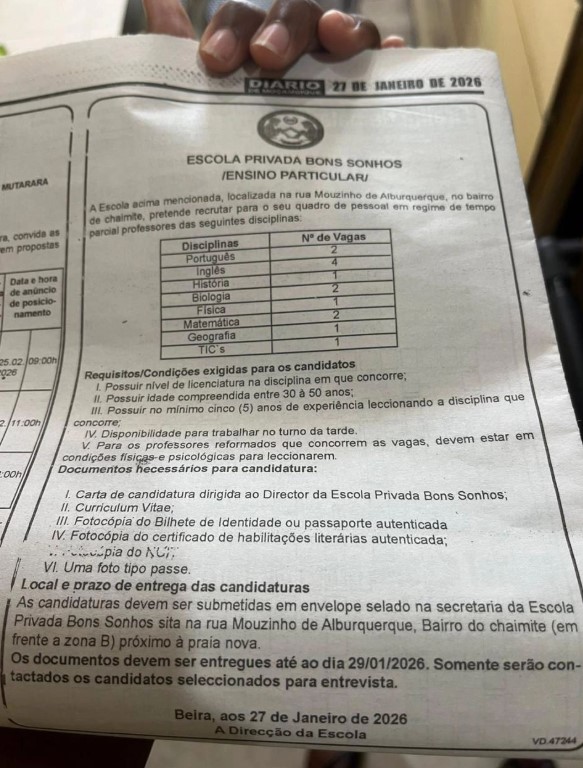 Recrutamento de (14) Professores em Regime de Tempo Parcial – Escola Privada Bons Sonhos
