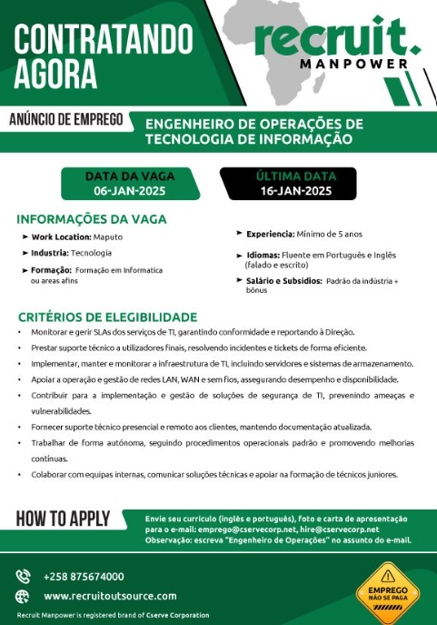 VAGA – ENGENHEIRO DE OPERAÇÕES DE TECNOLOGIA DE INFORMAÇÃO