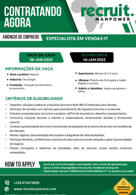 VAGA – ESPECIALISTA EM VENDAS – IT