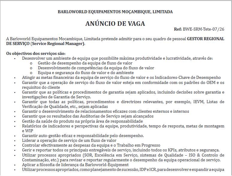 Vaga – Gestor Regional de Serviços