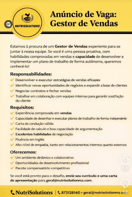 Vaga – Gestor de Vendas