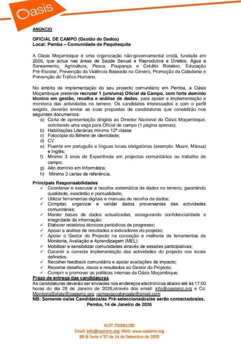 Vaga – OFICIAL DE CAMPO (Gestão de Dados)