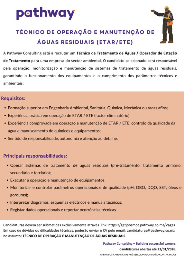 Vaga – Técnico Sénior de Operação e Manutenção de Águas Residuais (ETAR/ETE)