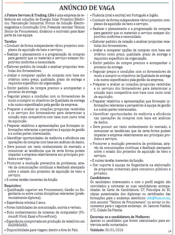 Vaga – Técnico Sénior de Procurement