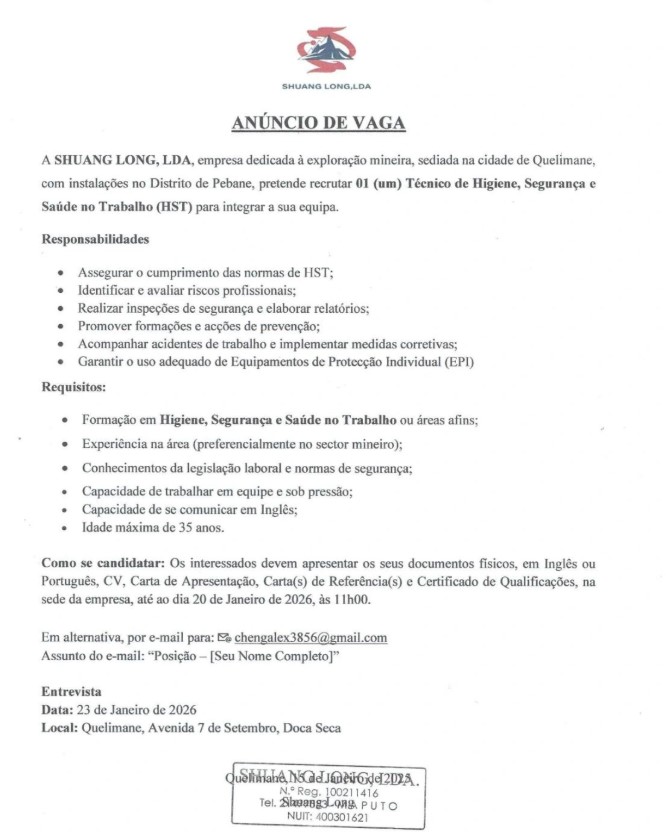 Vaga – Técnico de Higiene, Segurança e Saúde no Trabalho (HST)