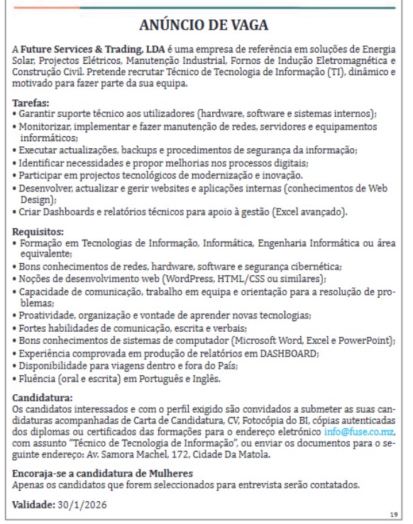Vaga – Técnico de Tecnologia da Informação (TI)