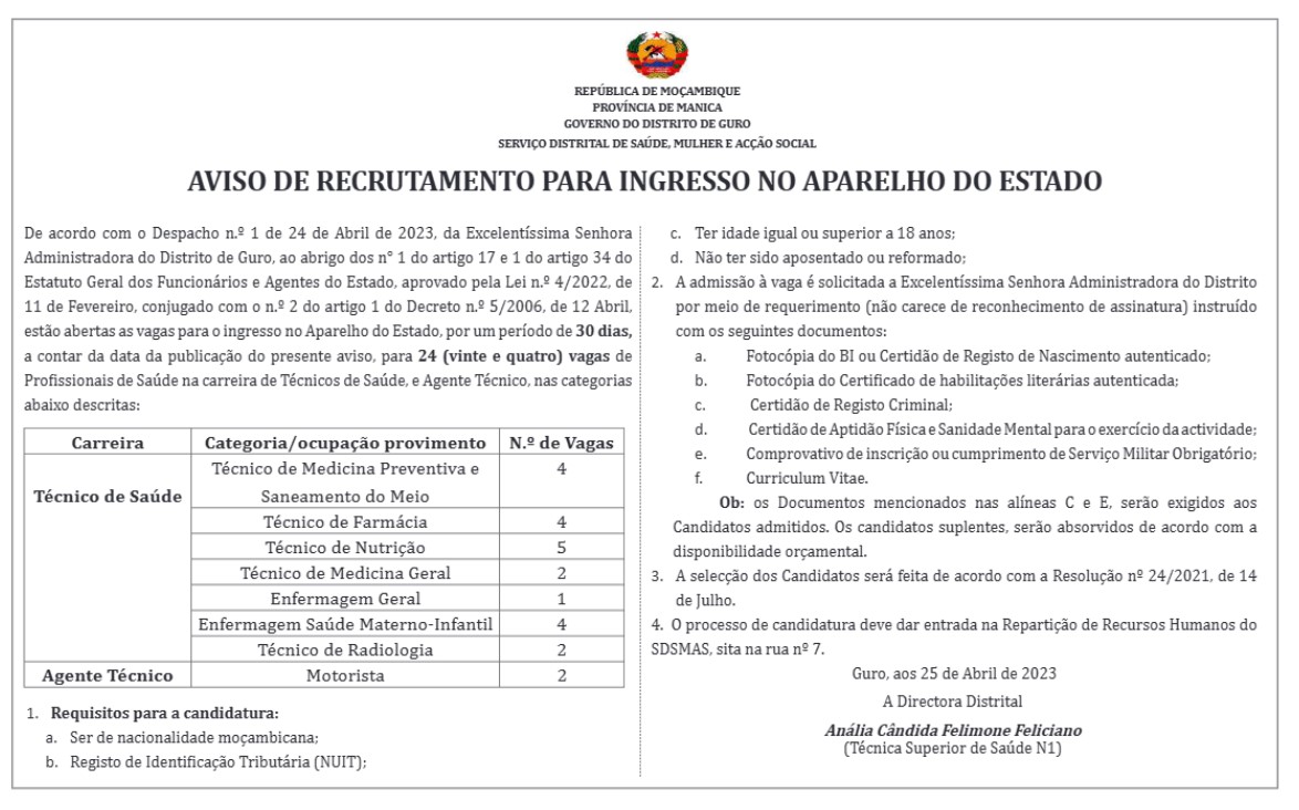 Vagas para (24) Profissionais de Saúde na carreira de Técnicos de Saúde, e Agente Técnico
