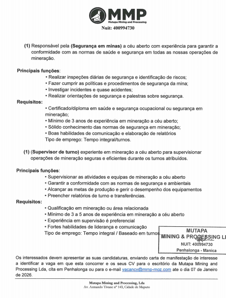 Vagas – (1) Responsável pela (Segurança em minas) e (1) (Supervisor de turno)