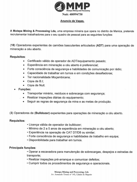 Vagas – 18 Operadores de camiões basculantes articulados (ADT)
