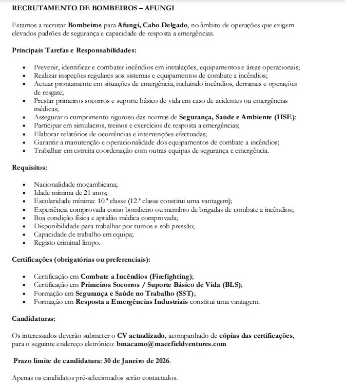 Vagas – Bombeiros para Afungi