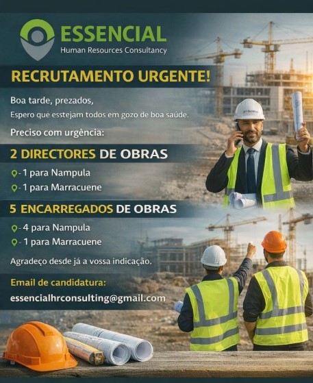 Vagas – Encarregados de Obras (5 vagas) e Diretores de Obras (2 vagas)