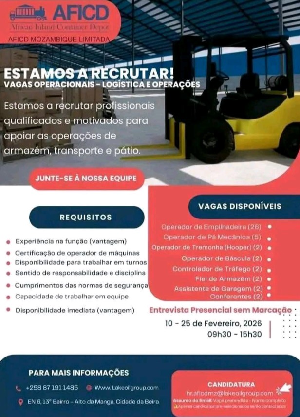 A AFICD MOÇAMBIQUE, Abre (43) Vagas de emprego em Diversas áreas