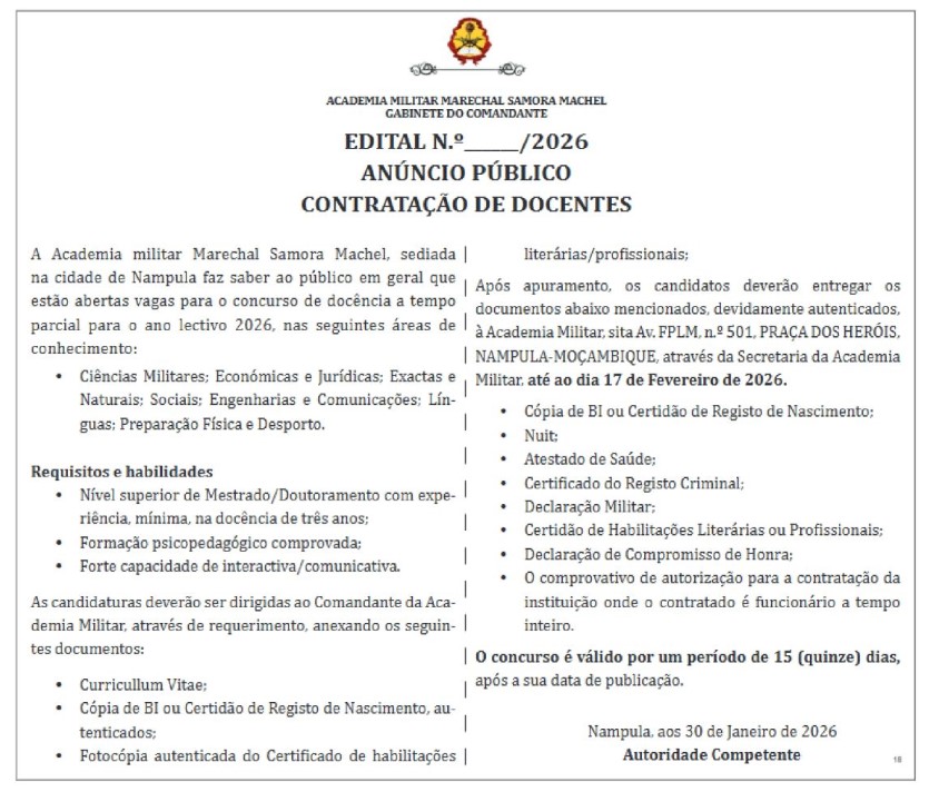 Contratação de docentes – Academia militar Marechal Samora Machel